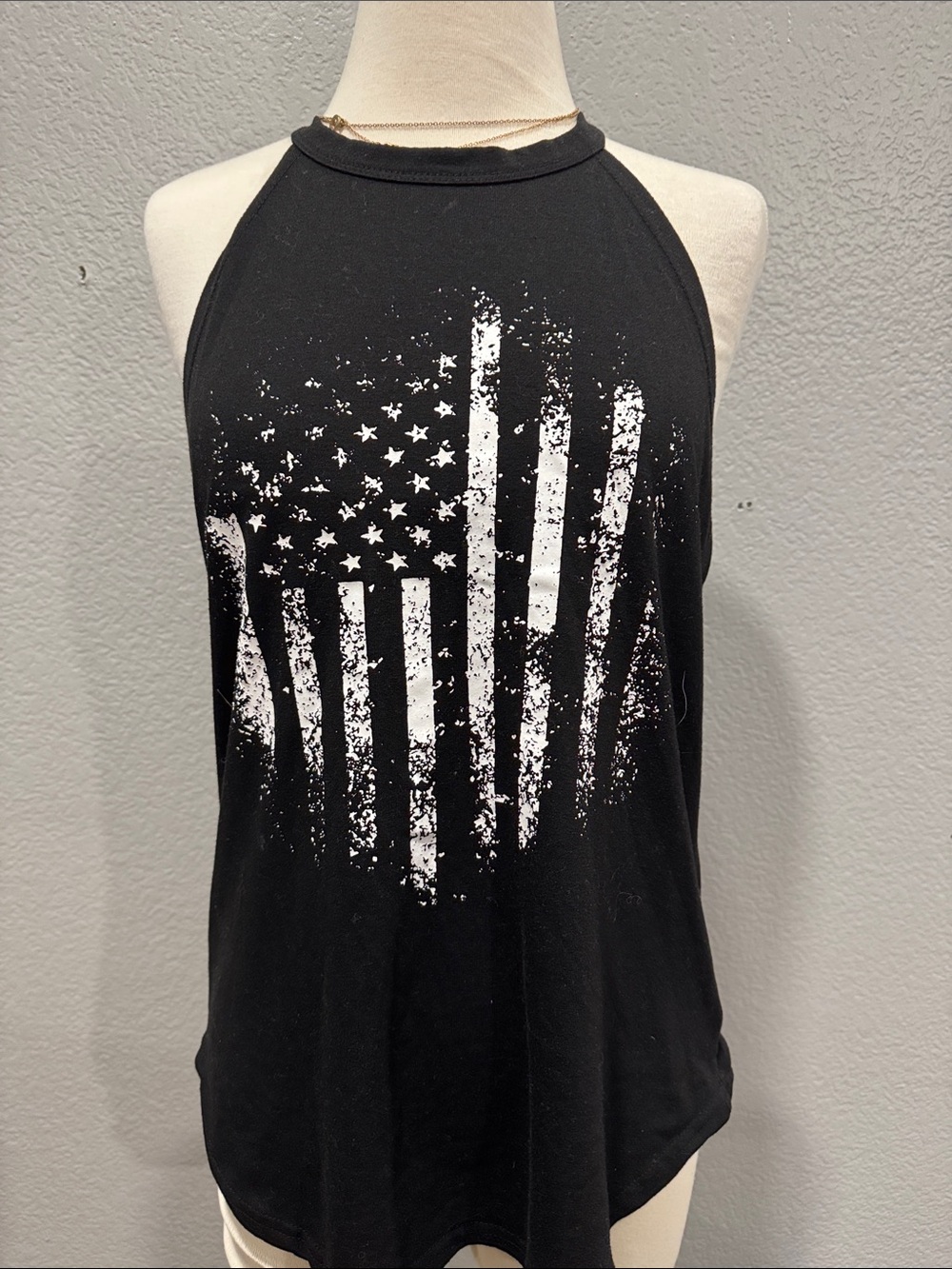 Black Graphic Halter Tank Top with Distressed Flag Print